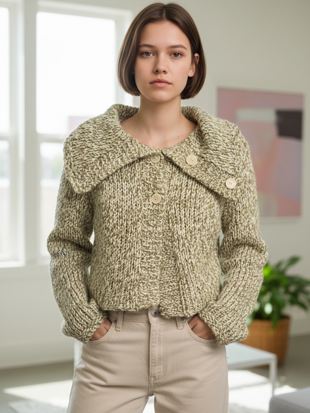 Free People Chunky Knit Teddy Jacket in Sage